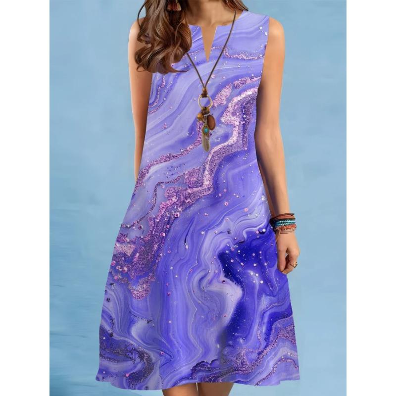 Summer Print A-Line Dress Women Casual Sexy Sleeveless V-neck Loose Mini Dress Elegant Landscape Oil Painting Dress Vestidos