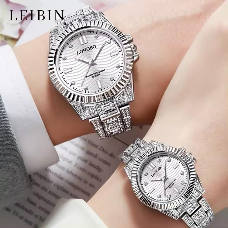 LONGBO 83611 Quartz Watches Waterproof Luminous Stainless Steel Calendar Full Diamond Gold Design Luxury Wristwatch for Couple