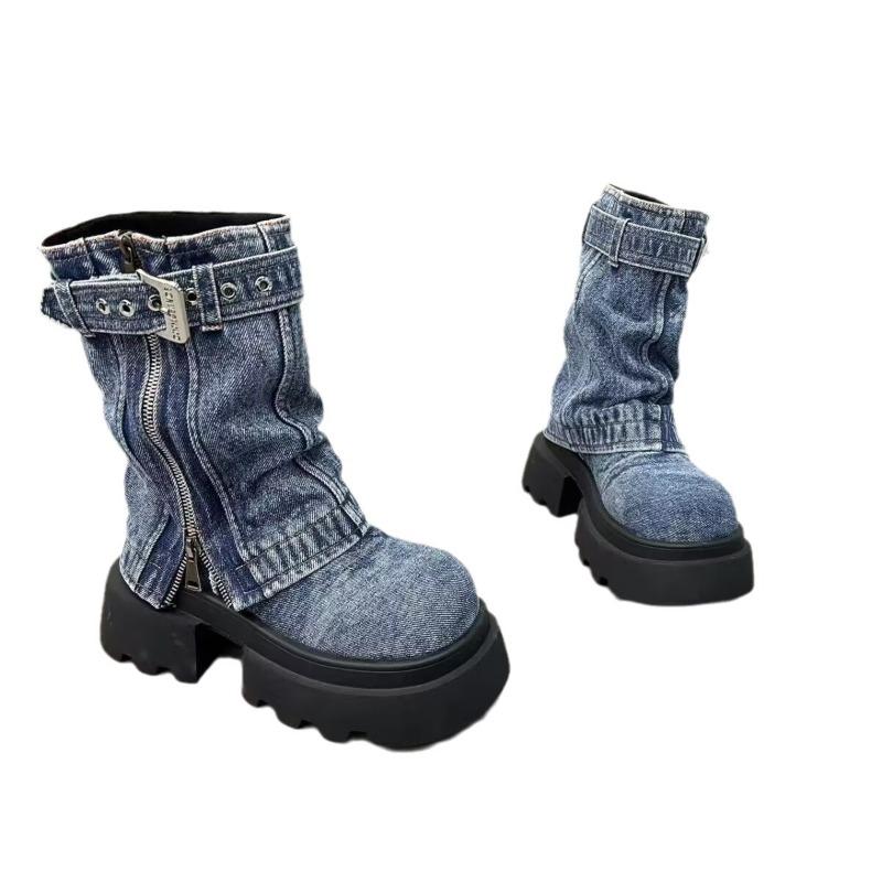 Fashion Belt Buckle Pleated Fake Two-piece Women's Boots Round Toe Square Heel Side Zipper Mid-Calf Boots Blue Denim Women Shoes
