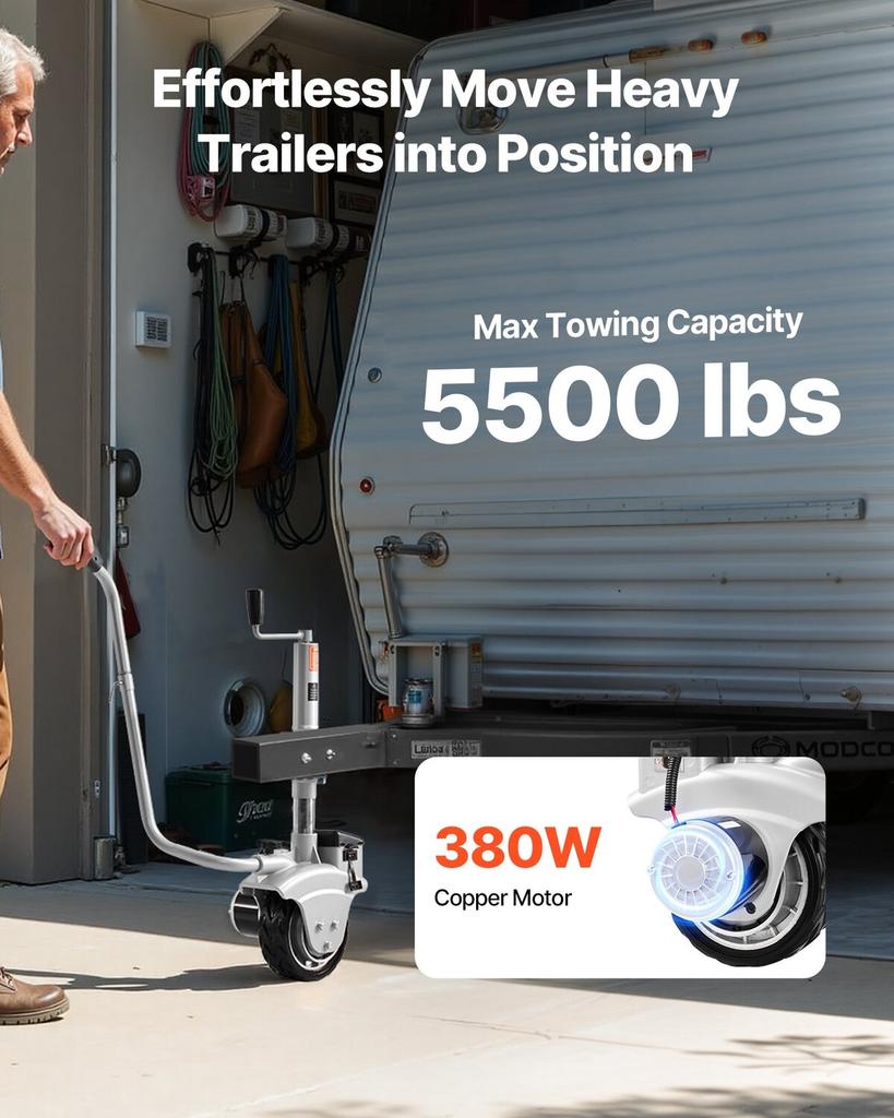 Electric Trailer Dolly, 2.5 T Towing Capacity, 380W 12V Motorized Jockey Wheel with 7 m/min Moving Speed, 31-63 cm Adjustable Clamp Height & 20.3 cm