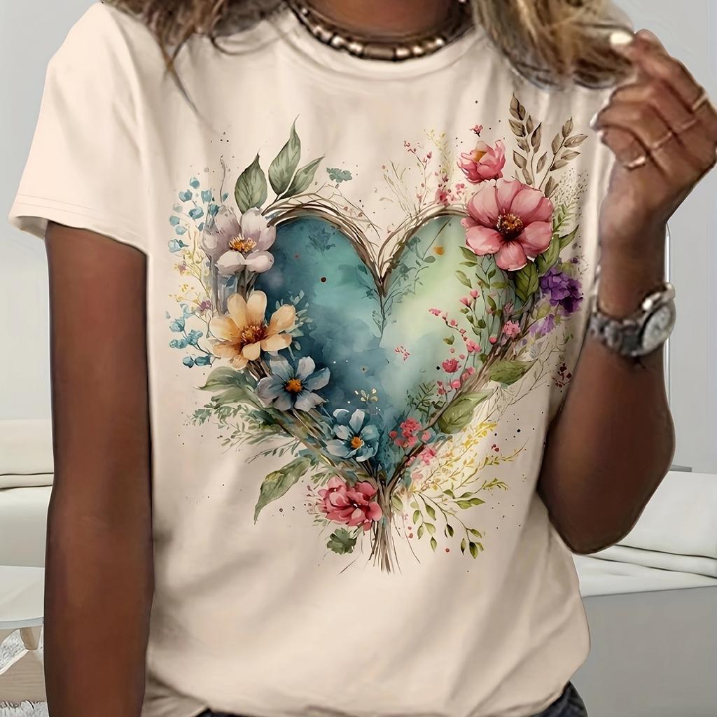 Floral and heart print crew neck T-shirt, casual short-sleeved T-shirt spring and summer, women's clothing