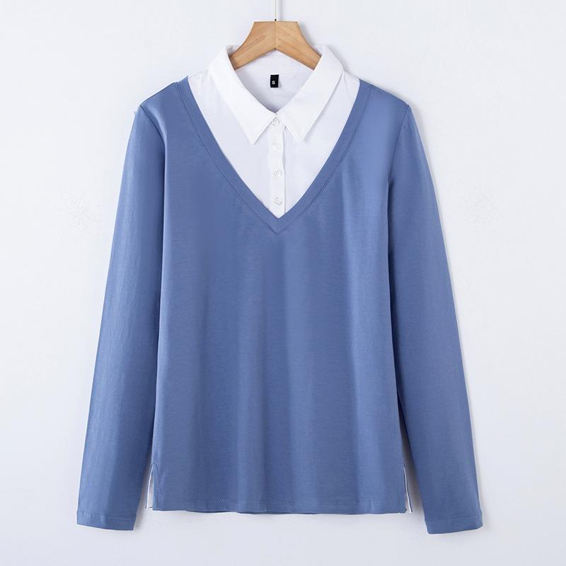 Dámské jarní a podzimní tričko ve velkých velikostech, trendy nové falešné dvoudílné s dlouhým rukávem, černé a bílé podšité, korejský styl, top, spodní tričko