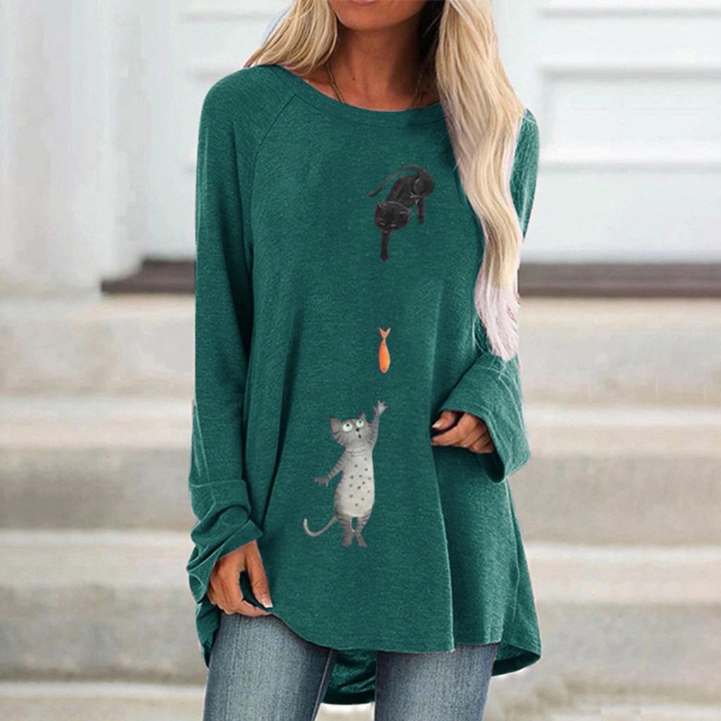 Women Fashion Plus Size Print Round Neck Long Sleeved Long T-shirt Blouse