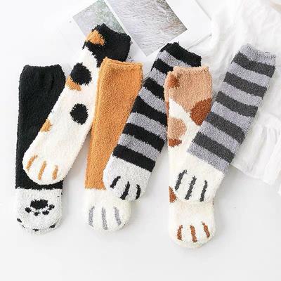 Women's Coral Fleece Winter Cat Claw Home Plush Socks