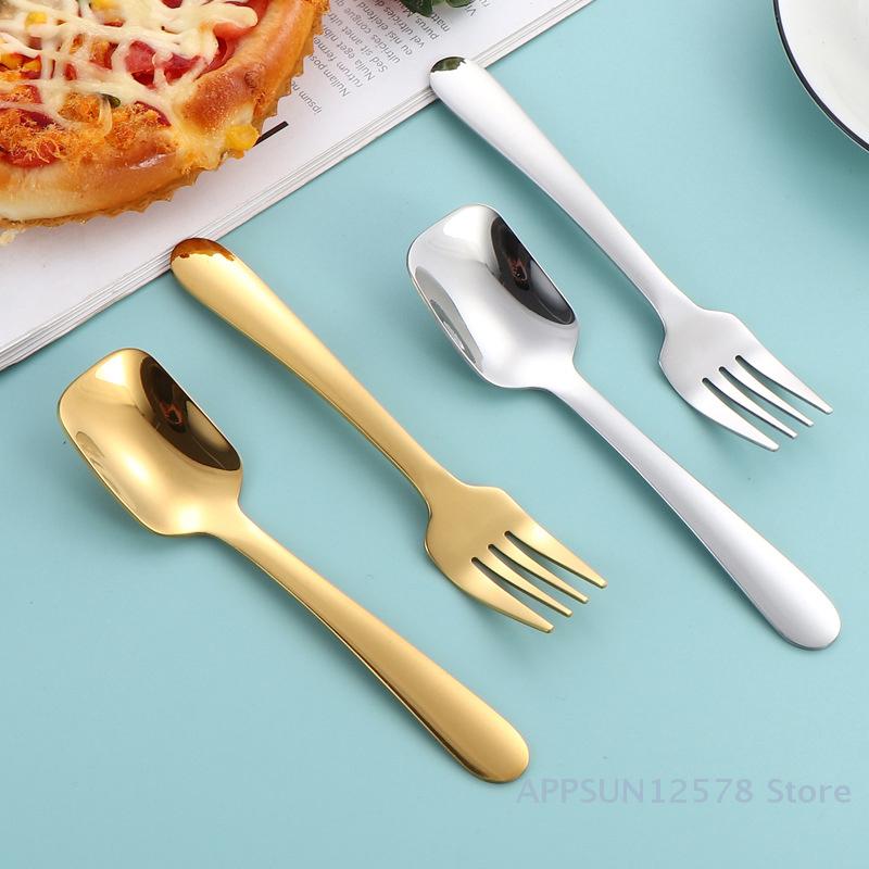 304 Stainless Steel Children's Spoon Fork Ice Cream Spoon Short Handle Square Head Spoon Spaghetti Salad Fork Student Tableware