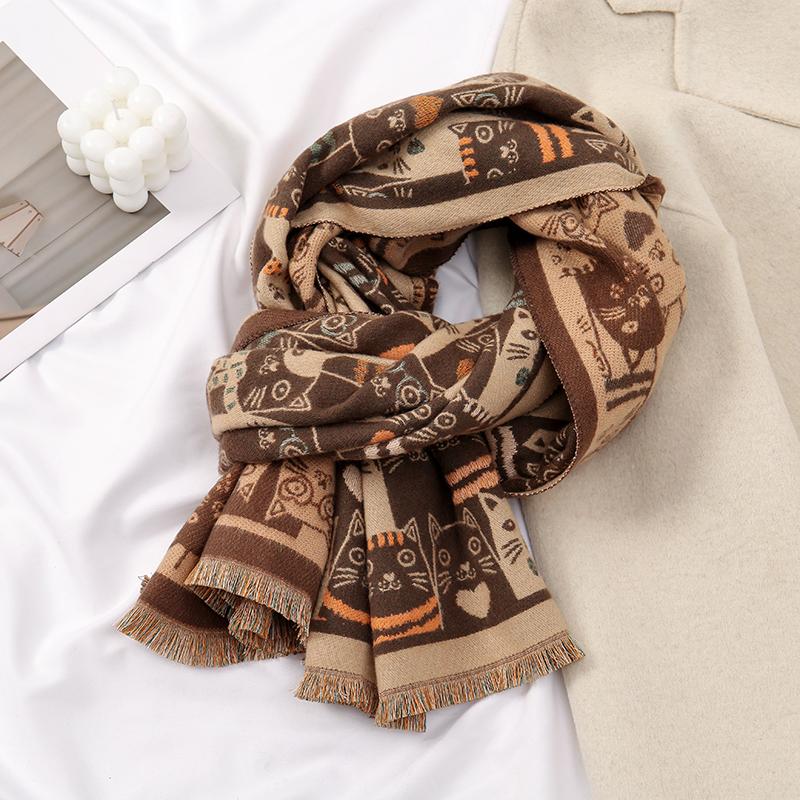 Cat Animal Printed Pashmina Shawls Scarf For Woman Winter Warm Wraps Thick Imitate Cashmere Fashion Big Size Scarves