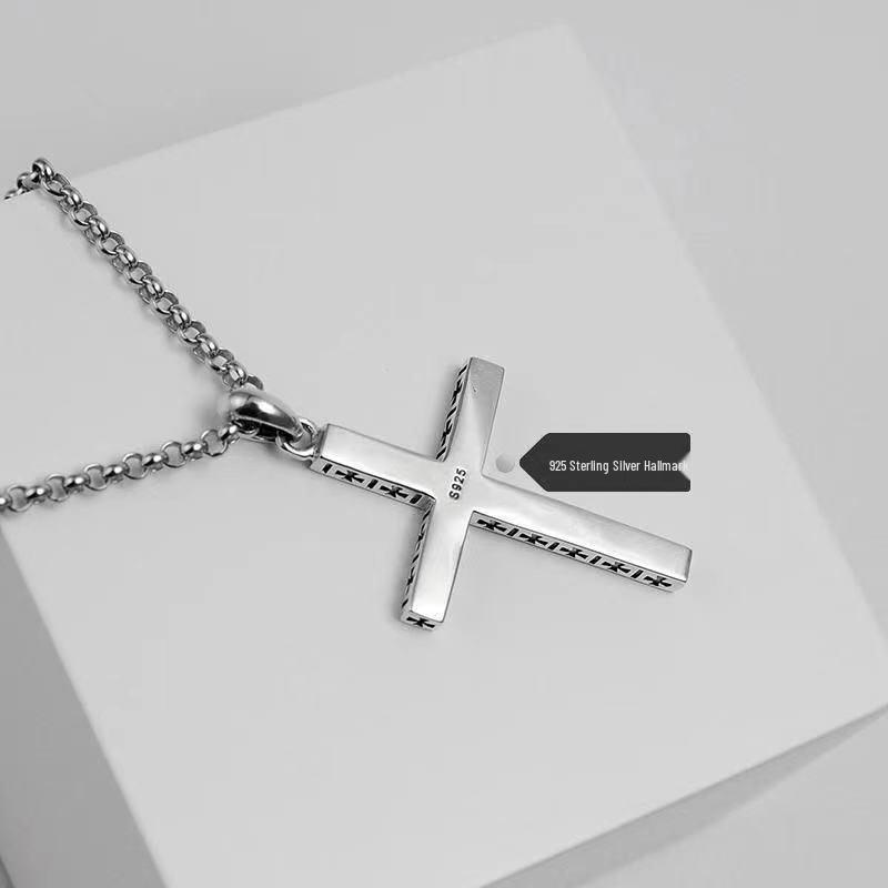 Trendy Unisex Sterling Silver Cross Pendant Necklace with Titanium Steel Chain - Personalized Korean-Japanese Fashion, Perfect Gift for Couples