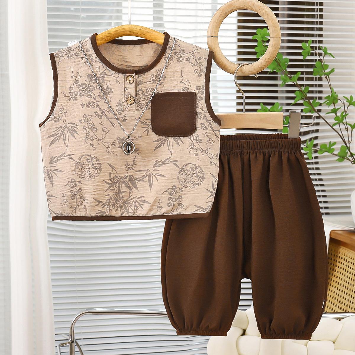 

2026 Summer Children Sleeveless Vest Suits Baby Spring O-Neck Top Pocket Two-pieces Set Hemp Blend Suit for Girl Boy 80 cm кавовий
