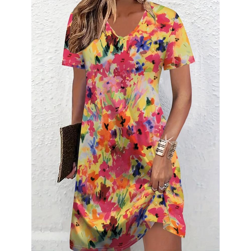 Women's V-neck Short Sleeved Casual Printed Dress 3D Colorful Printed Mini Beach Party Dress
