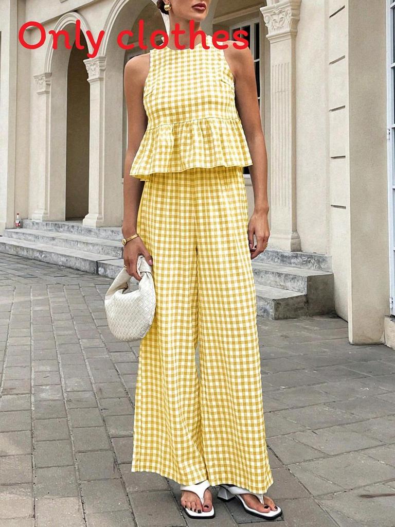 Casual Plaid Sleeveless Twopiece Set With Ruffle Hem For Women Spring Summer Comfort