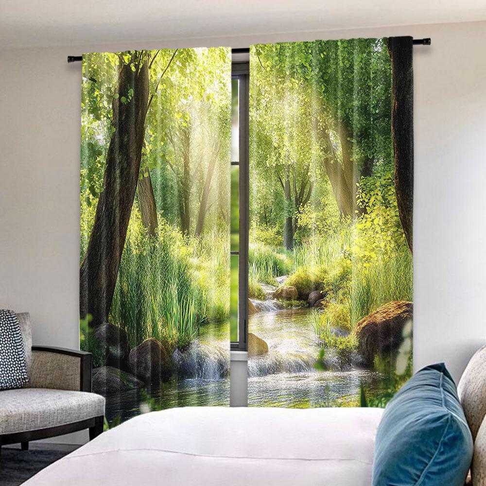 2Pcs Forest Curtain Stream Cascade In Tropical Forest Among Trees Jungle Woodland Serene Landscape Suitable For Living Room