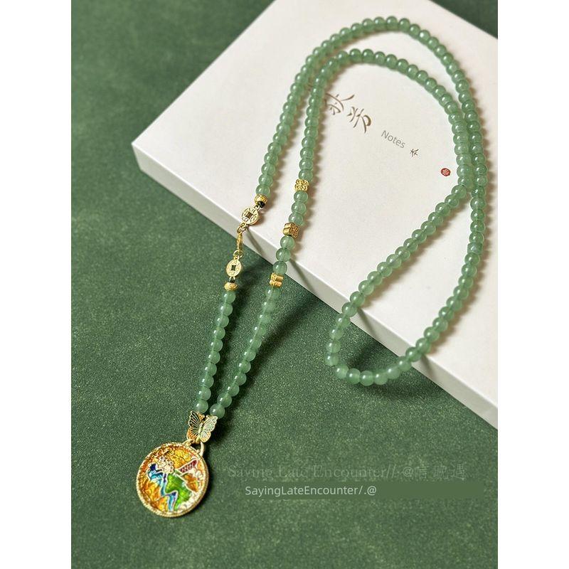 

National Style Good Luck Comes Alluvial Gold Sweater Chain Green Agate Qiuxiang Green Qianli Jiangshan Necklace