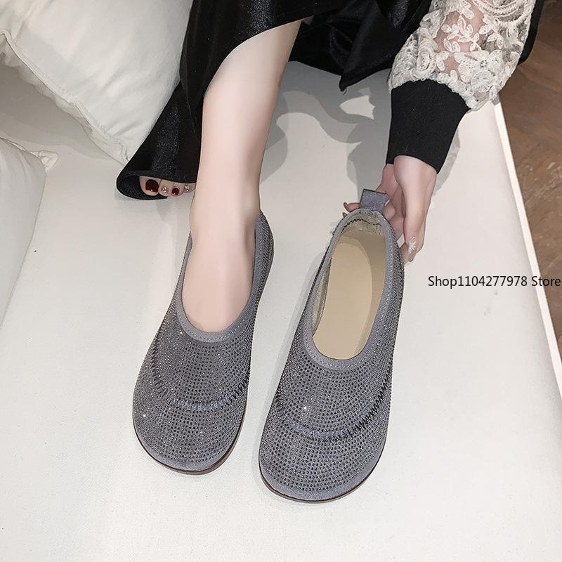 Fashion Women Flats Rhinestone Mesh Breathable Sneakers Women Soft Bottom Knit Ballet Loafers Shoes Casual Slip on Boat Shoes for Women