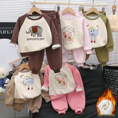 New Unisex Kids' Cotton Sweatshirt & Sweatpants Set - Warm, Color Block Design for Autumn/Winter