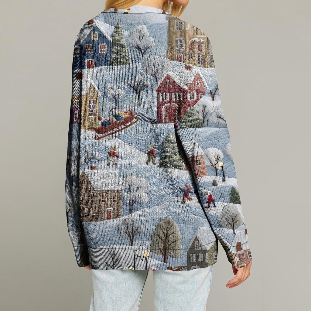Women's Fashion Long Sleeve Christmas Print V-Neck Button Loose Cardigan Top