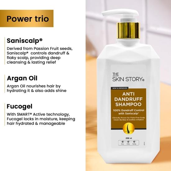 Șampon anti-mătreață The Skin Story cu Saniscalp și ulei de argan | Curățare 3 în 1, control al mătreții și hidratare | Șampon pentru femei și bărbați (250 ml)