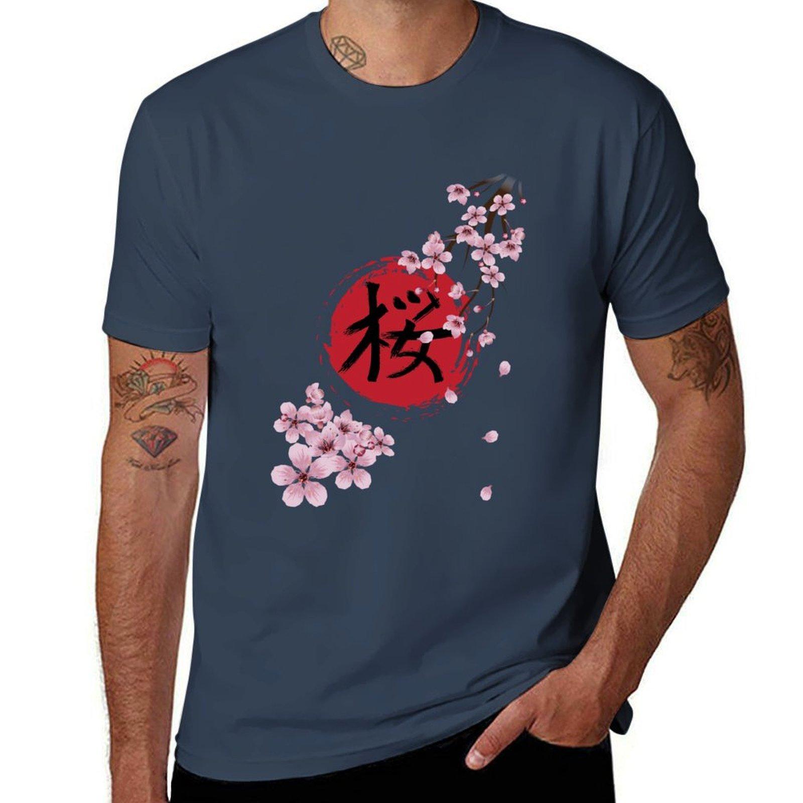 Blooming Sakura and red Sun TShirt Large Size Breathable Tee S