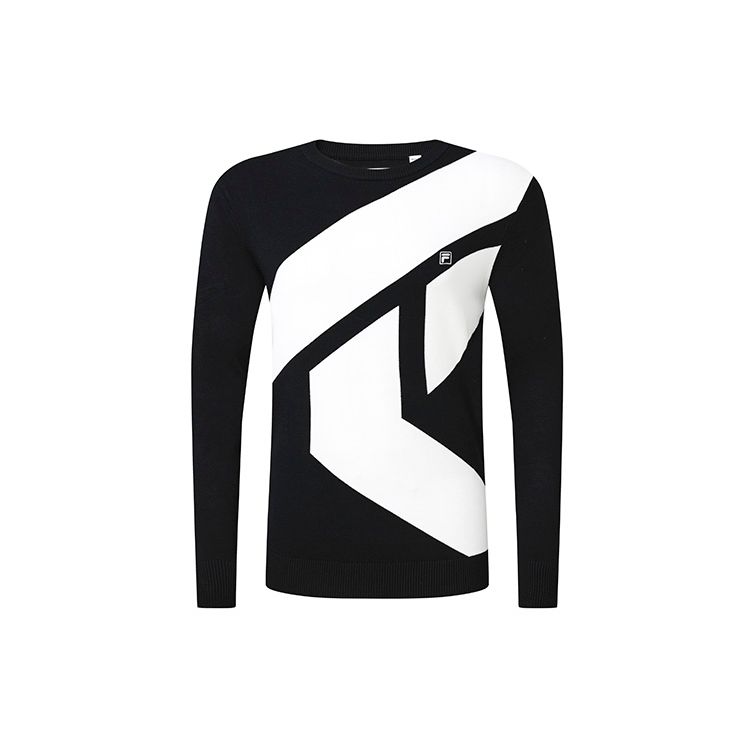FILA Athletics Logo Print Color Block Golf Sports Crew Neck Pullover Knit American Vintage Long Sleeve T-Shirt Men Tops Deep-Black A11M245404F-BK