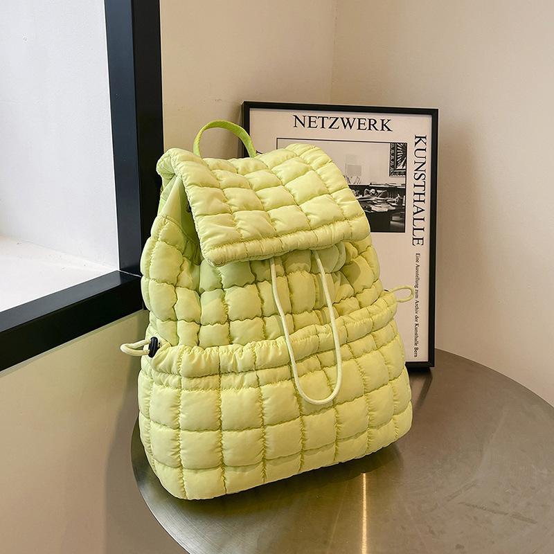 Niche casual simple design women's summer wind backpack pleated cloud fashion down cotton plaid drawstring backpack