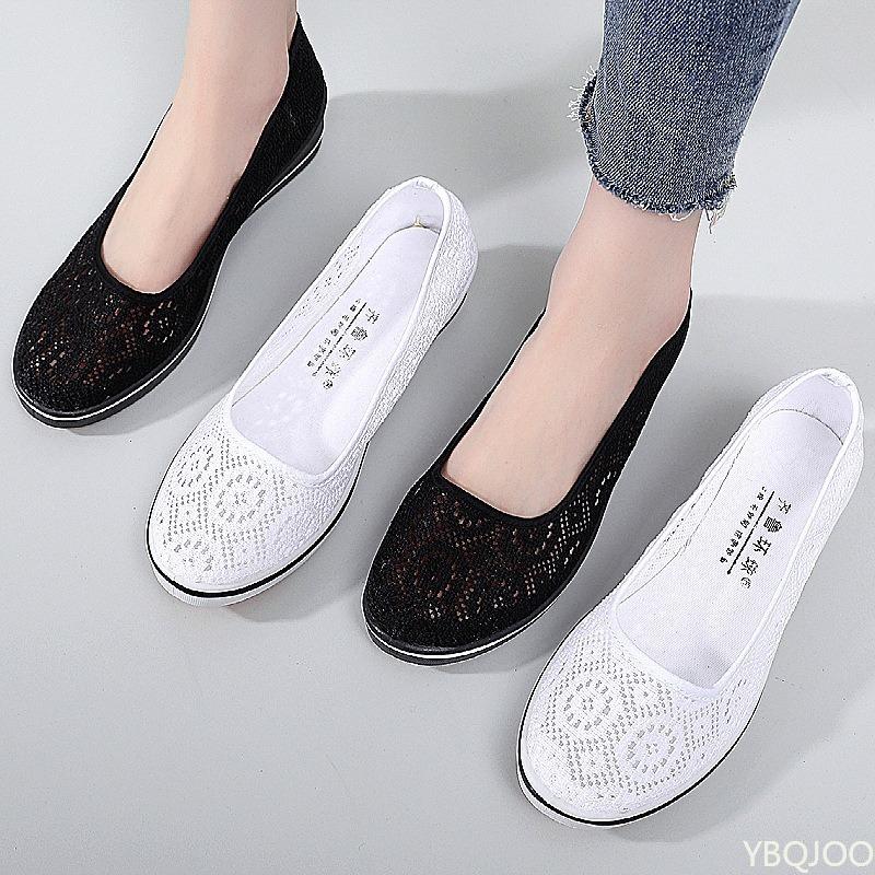 2025 new Summer Mid Wedge Heel comfortable shoes Lace Hollow Breathable Solid color Fashionable Women's Flat Shoes