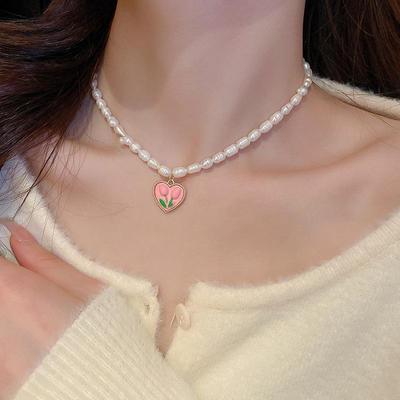 Tulip Pearl Heart Necklace - French-Inspired Sweet Clavicle Chain