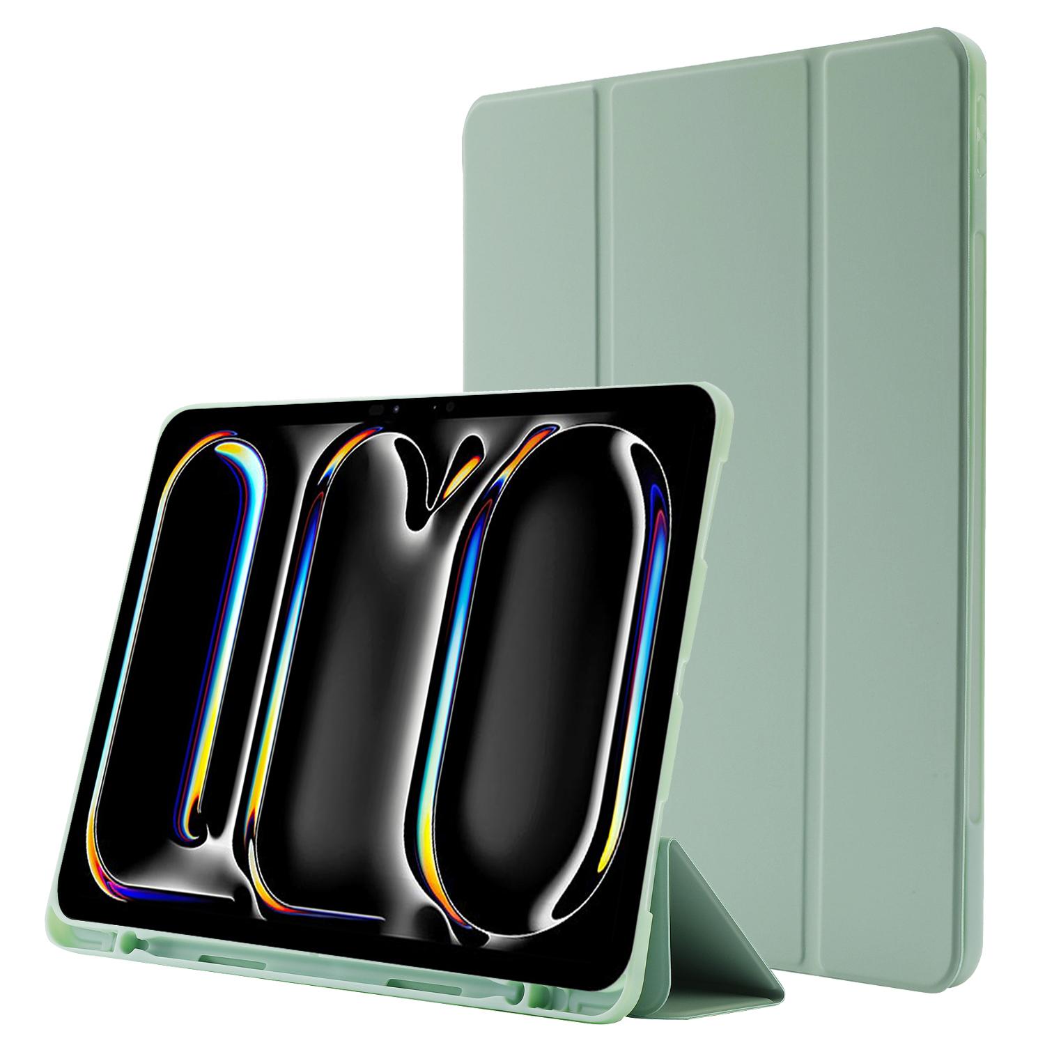 

For iPad Pro 11 (2024) Case Skin-Touch Tri-Fold Stand Leather Tablet Cover with Pencil Holderish Green Green