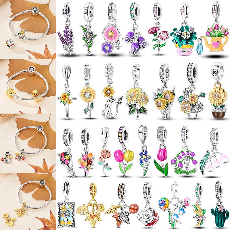 New 925 Silver Charms Beads Sunflower Flower Daisy Charm Pendant Fit Charm Bracelets DIY Jewelry Birthday Gift