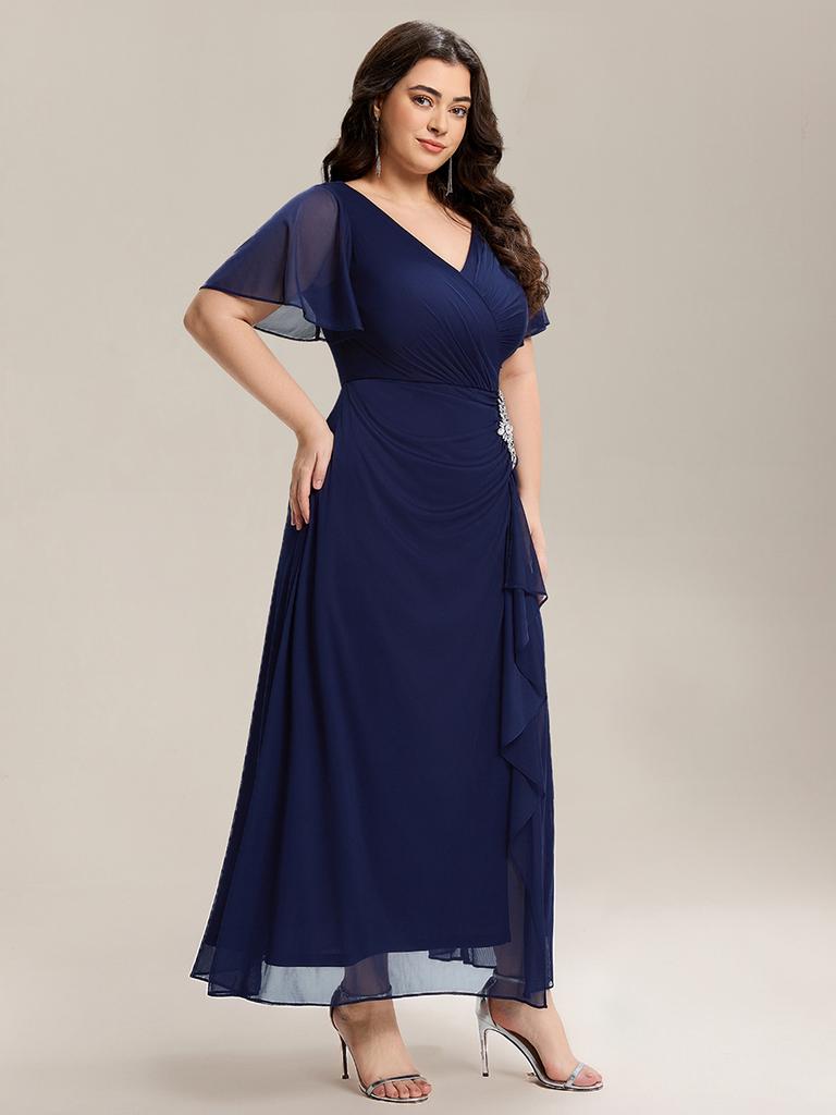 Ever-Pretty Women's Plus Size Formal Dress Short Sleeve Ruffled Deep-V Neck Chiffon Slit Mother of the Bride Dress with Rhinestone-Embellished