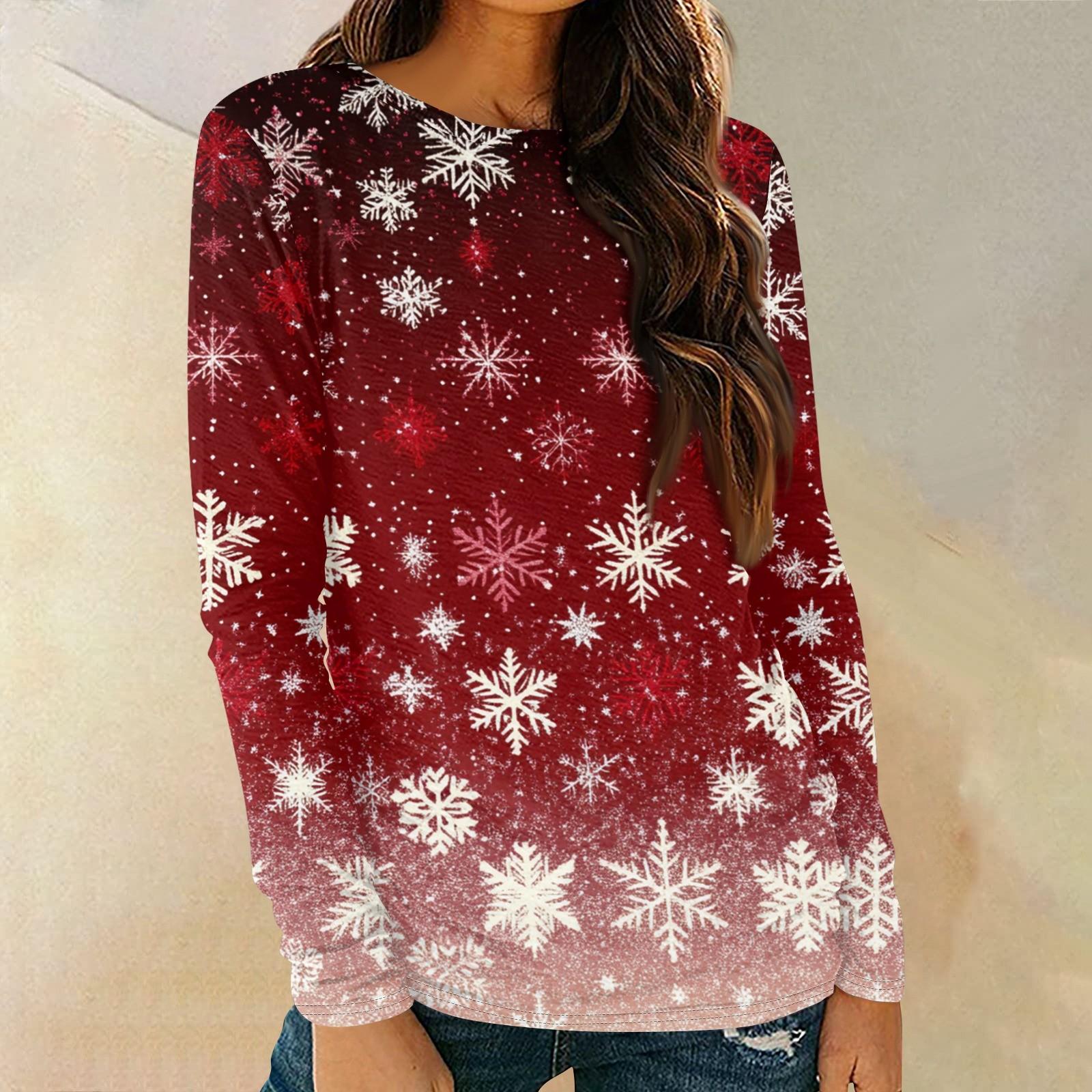 

Женская мода круглый вырез пуловер с глубокими рукавами футболка с рождественским принтом топ S киноварь