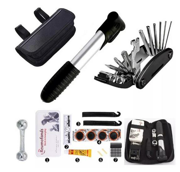 Mountain Bike Repair Tool Kit: Tire Patching, Pump, Wrench & Combination Tool Set