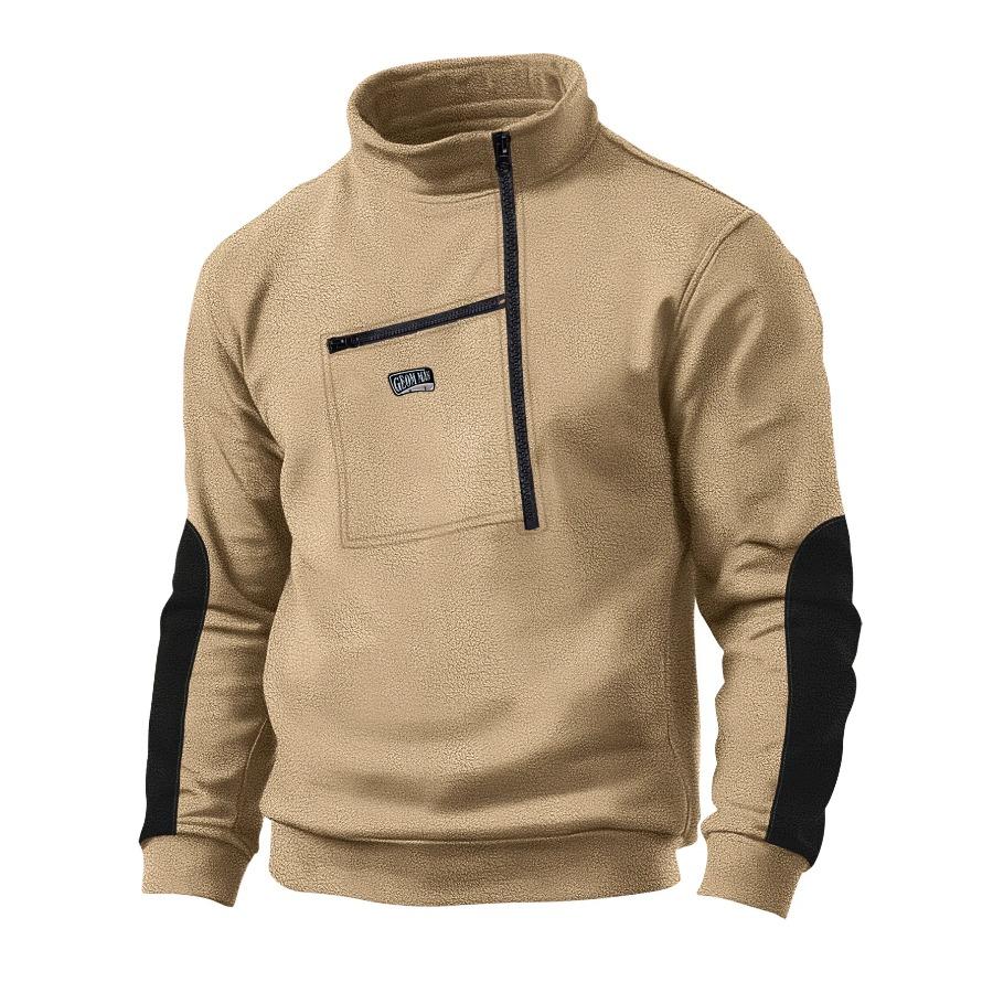 Men's Autumn and Winter Casual Winter Fleece Stand Collar Half Zip Long Sleeve Tactical Pocket Embroidered Hoodie Jumper