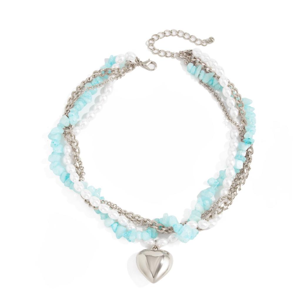 Elegant and Simple Heart-shaped Pendant Necklace, Fresh and Sweet Turquoise Imitation Pearl Necklace, Women's Daily Dating Jewelry Accessories