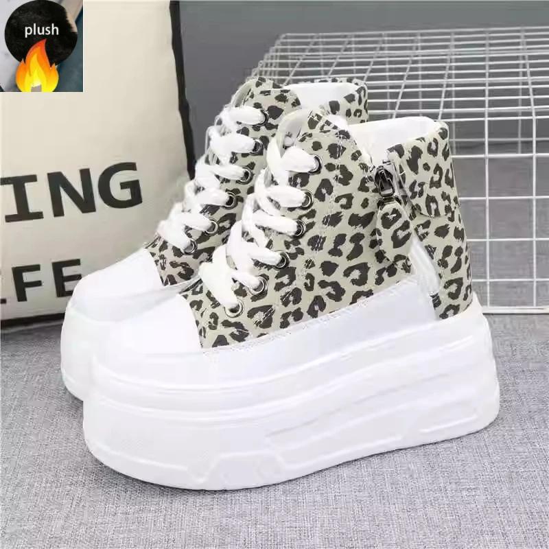Fashion 12CM Synthetic Genuine Leather Boot Ankle Winter Plush Women Autumn Spring Cowboy Platform Wedge High Brand Shoes