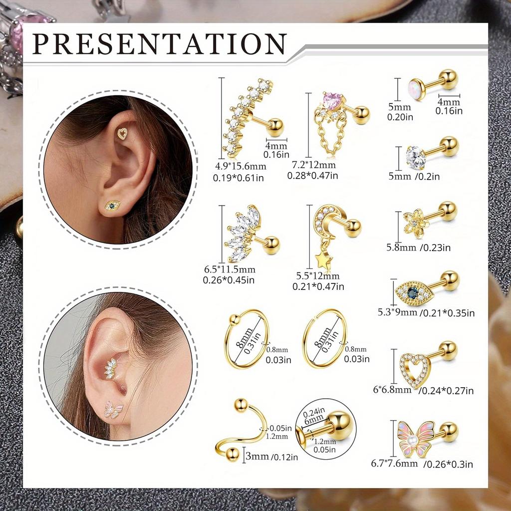 Drperfect 1pc Stainless Steel 16G Cartilage Earrings Stud Hypollergenic Stainless Steel Stud Earrings Butterfly Heart Piercing