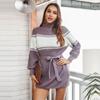 Spring Fall Patchwork Above Knee Mini Knitting Sweater Dress Women Casual Straight Half High Collar Full Lantern Sleeve Loose Waist Bandage S-XL