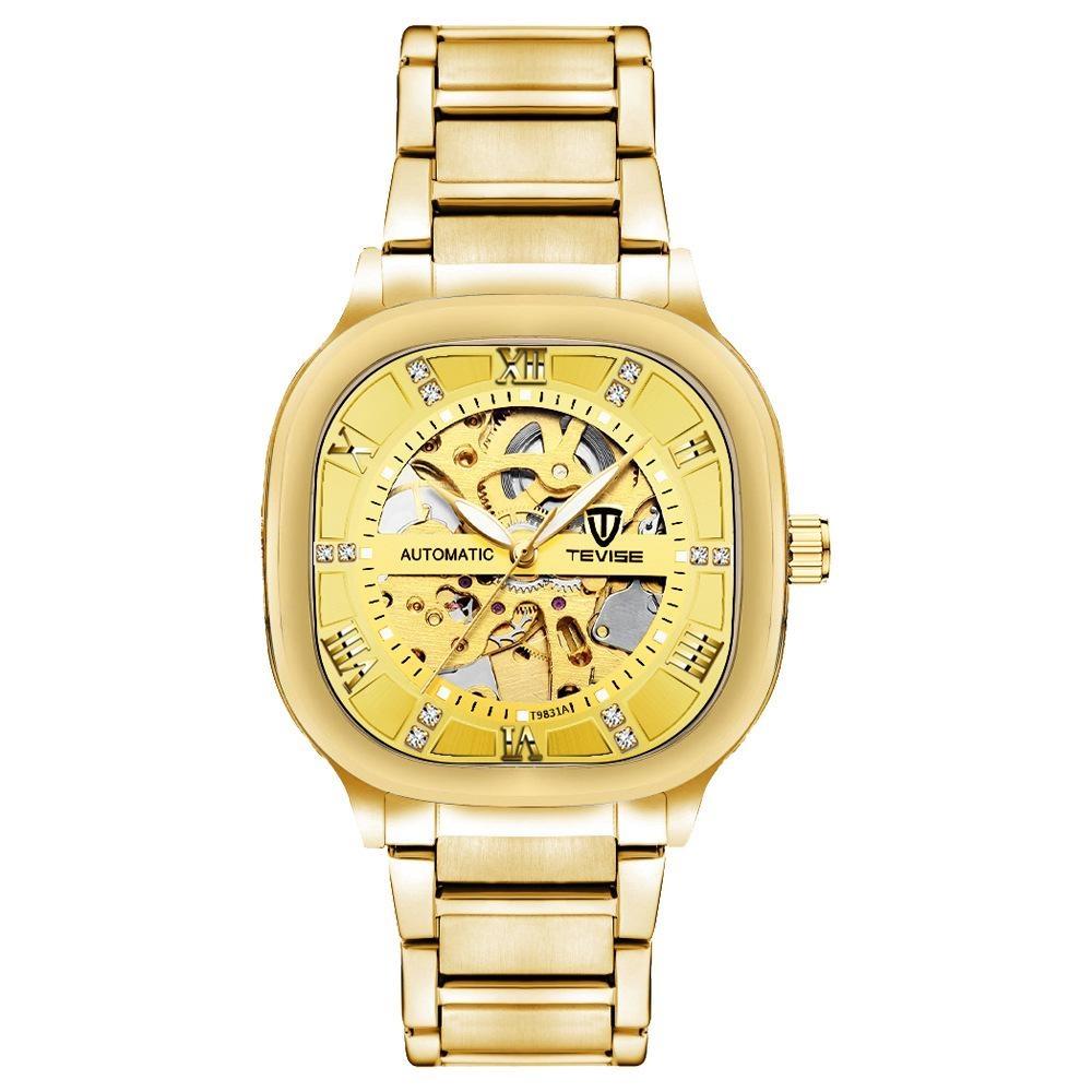 TEVISE Automatic Mechanical Watches for Men Stainless Steel Waterproof Skeleton Watch Square Dial Luminous Fashion Business Wristwatch