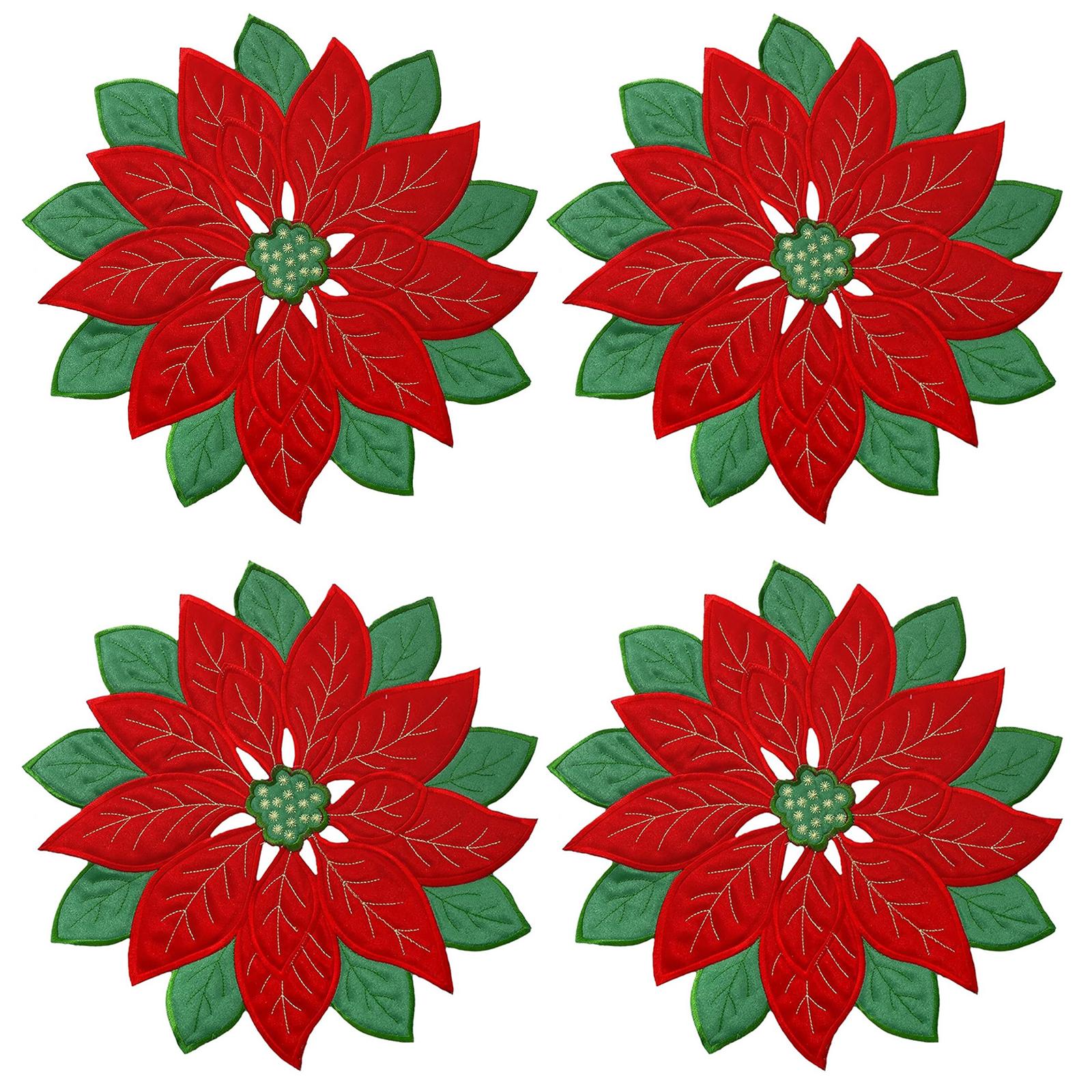 

Set of 4 Christmas Embroidered Flower Holiday Placemats Set 14 Inch Table Mats Poinsettia Placemats for Dinner Home Party Decor 36X36cm красный