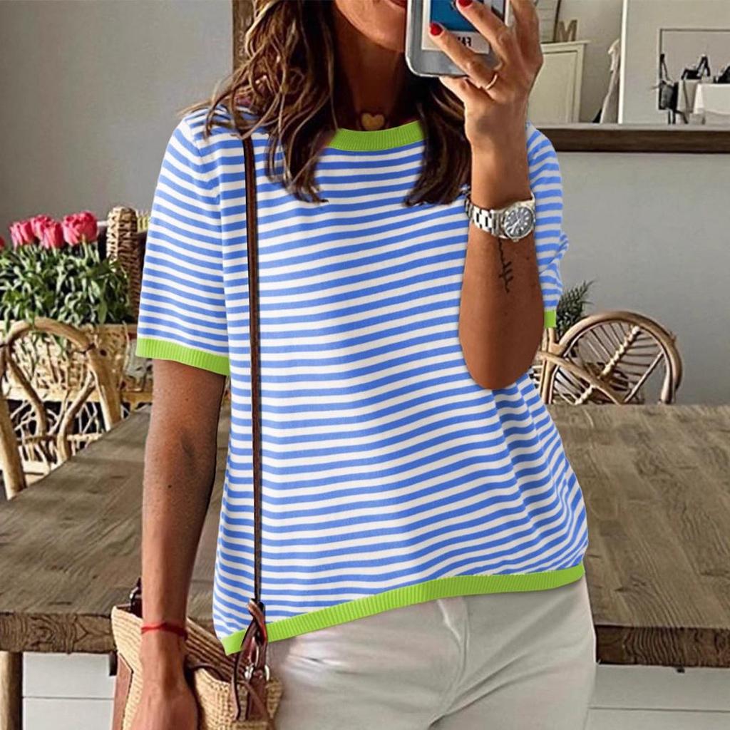 2026 Maglione a Blocchi di Colore a Righe con Spalle Cadenti e Maniche Lunghe