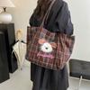 2025 Autumn and Winter New Canvas Bag Large Capacity Tote Bag Cartoon Plaid College Style Double-sided Shoulder Bag Commuter Bag