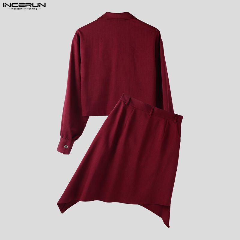 INCERUN Women Men Long Sleeve Cropped Tops and Irregular Skirts Sets Outfits