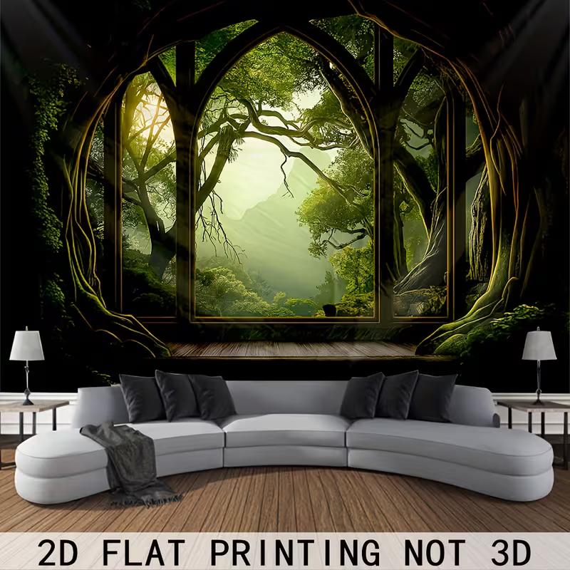 2D Dark Green Forest Tapestry Arched Window Photography Background