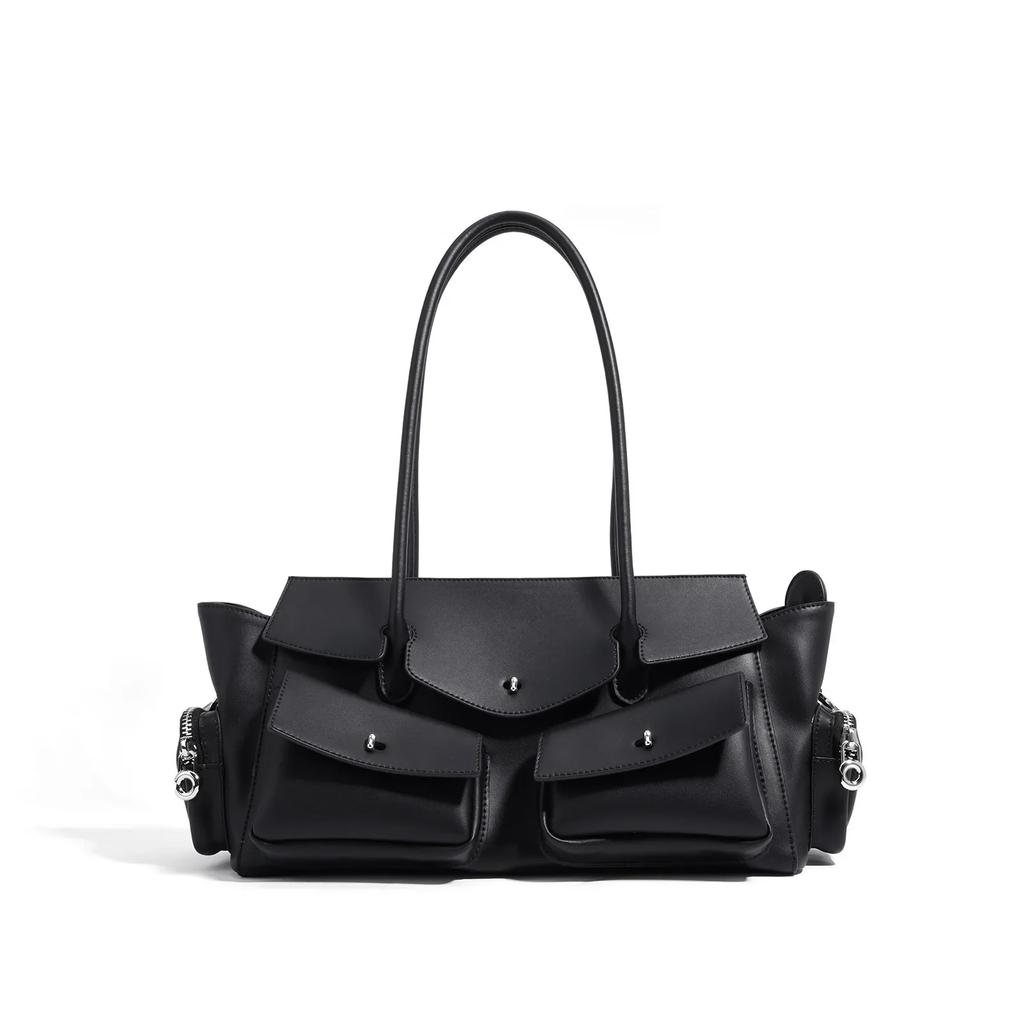 Motorcycle Style Multiple Pockets Design Large Tote Glossy Split Cow Leather Women Handbag Vintage Shoulder Bag Long Handle