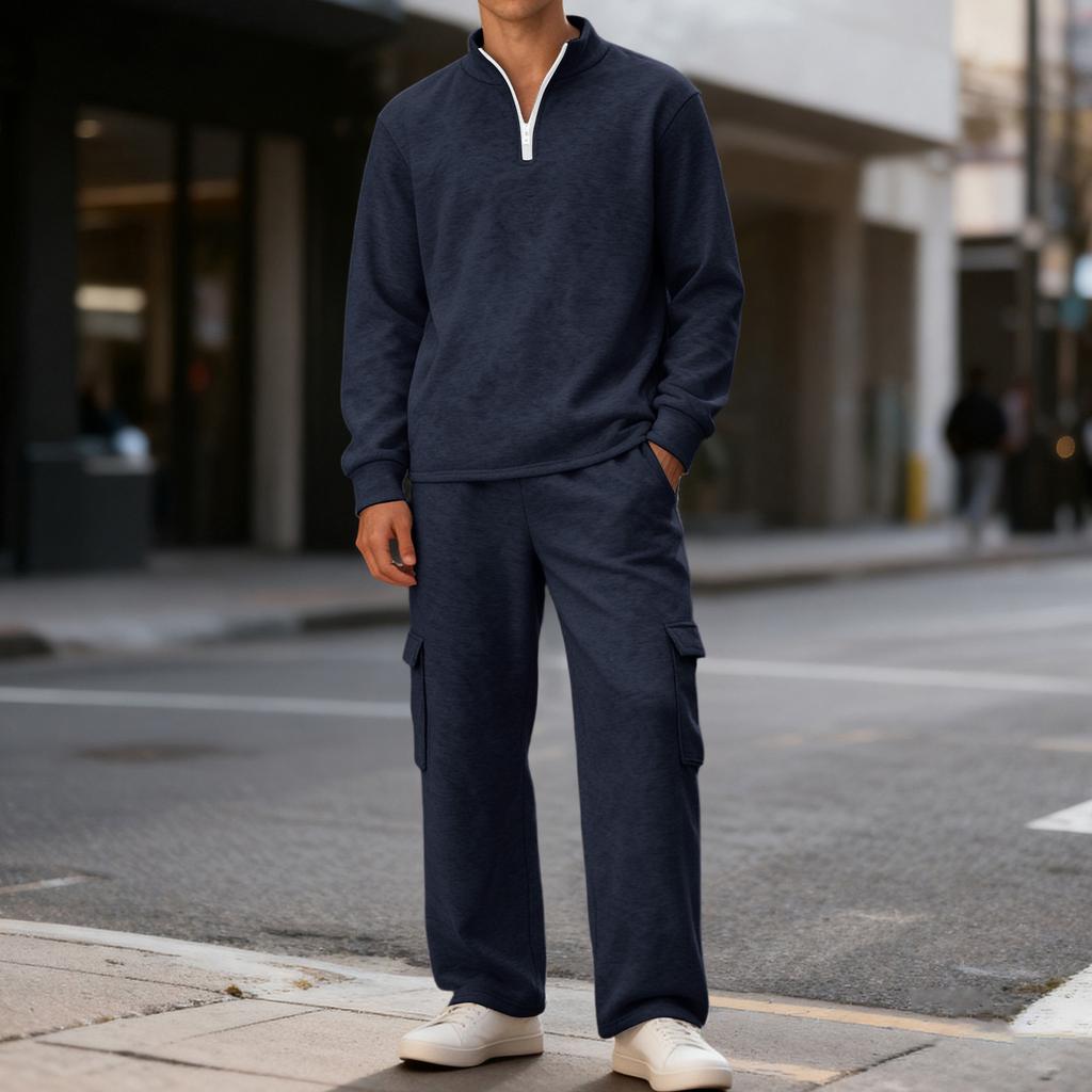 Men's Classic Casual Outdoor Activewear Set | Fleece Solid Color Quarter-Zip Stand-Collar Hoodie & Elastic-Waist Cargo Pants 2-Piece Outfit