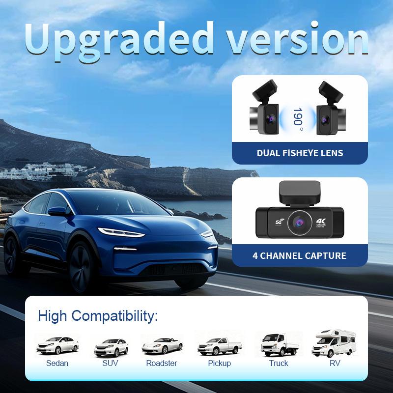 4K 360° Quad HD Dash Cam, Night Vision, WiFi, 4 Lenses, Rear Backup Camera
