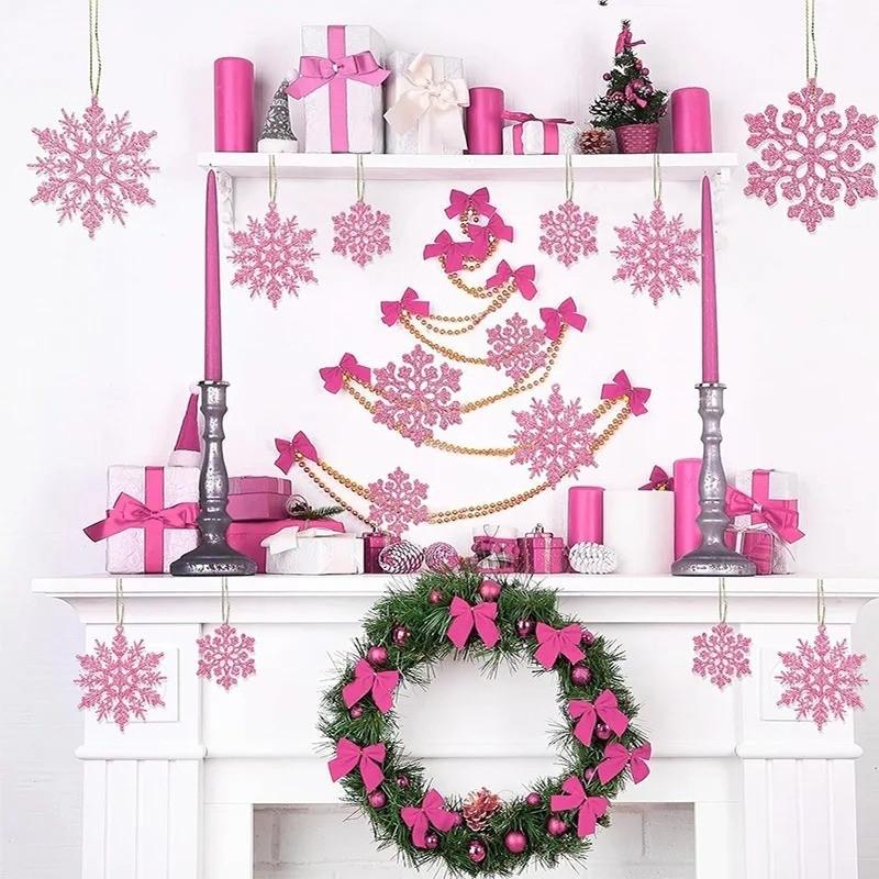 12 stk/sett Rosa Glitter Snøfnuggpynt Juledekorasjon Hengende Juletre Anheng for Hjemmeinnredning Vinterfestrekvisitter