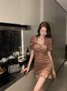 Light and mature women's clothing niche temperament sexy hip-wrapped fish tail square neck bubble sleeve dress new summer Muse