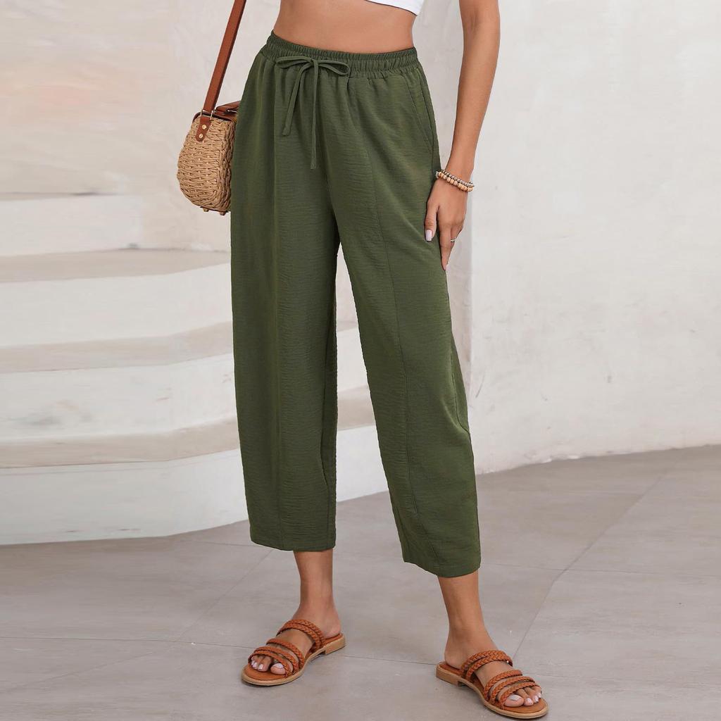Pants For Women Casual Solid Summer Elastic Waist Loose Lightweight Drawstring  Trousers With Pockets