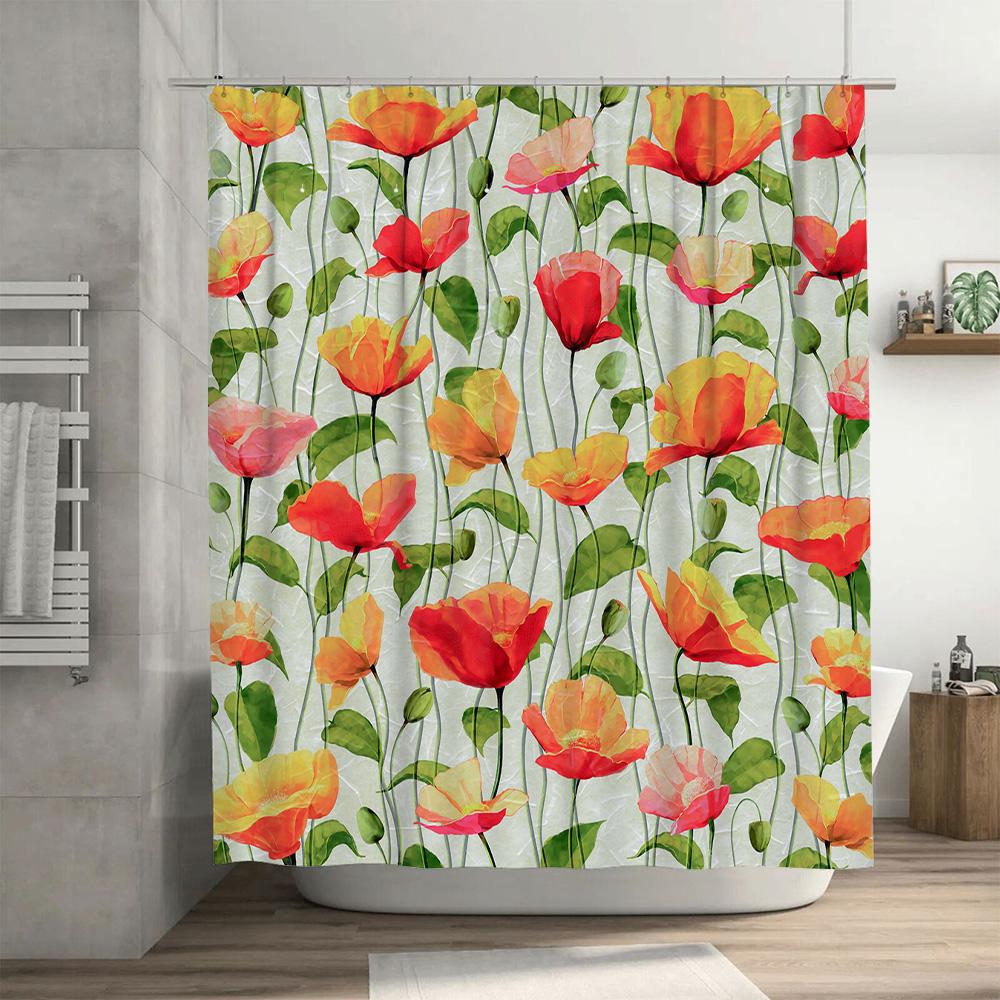 Aquarell Mohn Duschvorhang Badezimmer Dekor Rote Orange Blume Stoff Wasserdicht Hängendes Badvorleger Weißer Hintergrund
