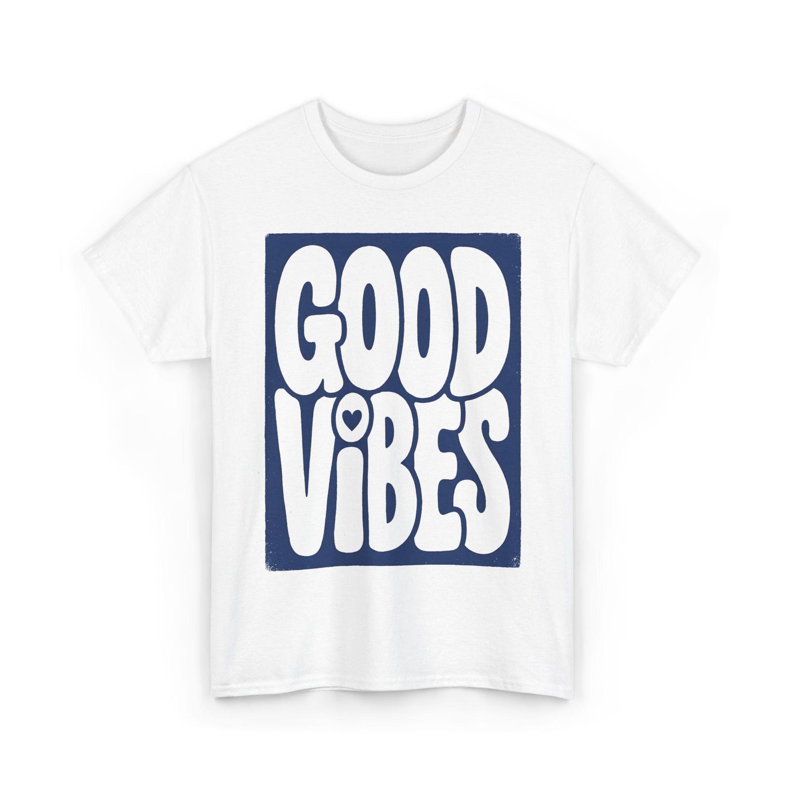 Good Vibes T-Shirt, Retro Bubbly Typography, Navy Blue Graphic, Positive Quote Apparel, 70s Heart Aesthetic, Cotton Clothing Art L