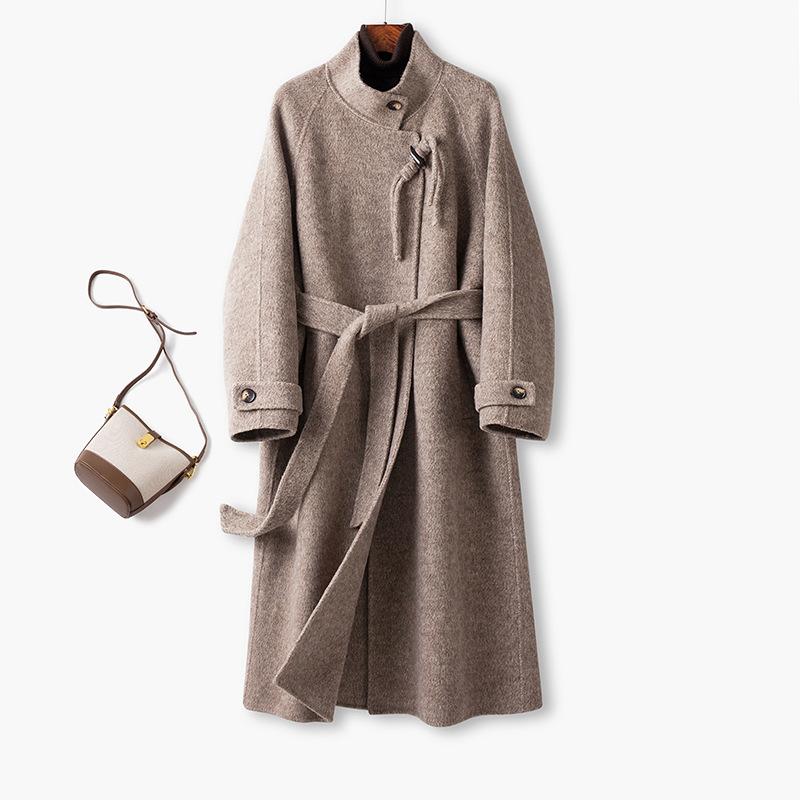 

Премиальное темпераментное ретро двустороннее кашемировое пальто женское со стойкой воротником модное длинное шерстяное пальто весна и осень новое L света кофе